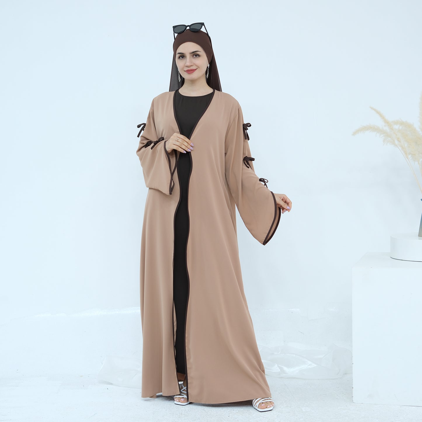 Ribbon Bow Sleeve Two Piece Abaya - Khaki Brown