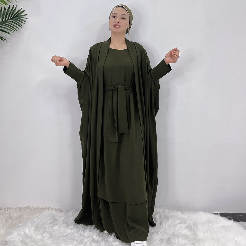 Dubai Luxury Two-Piece Abaya with Belt - Forest Green