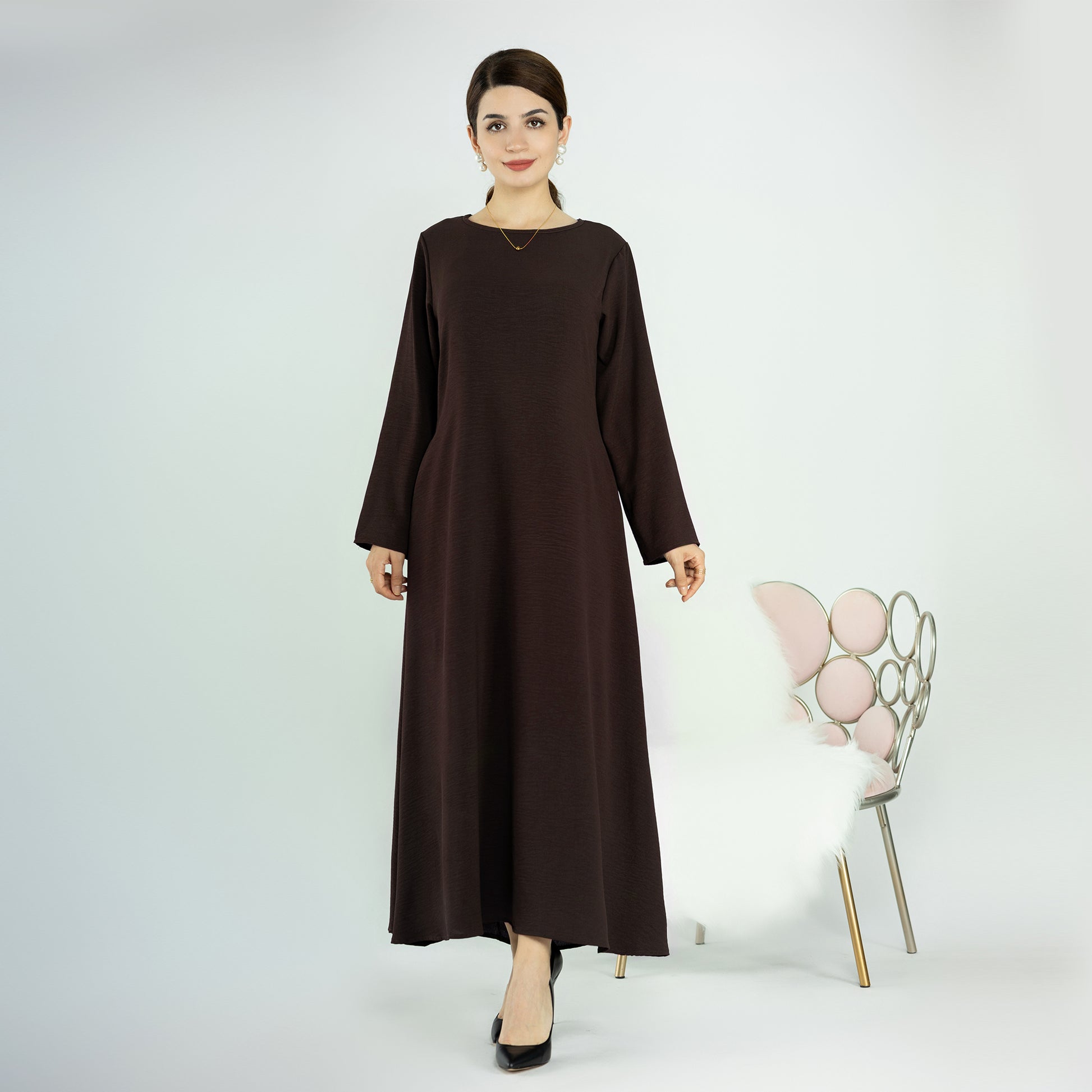 dark brown modest dress Ontre Women's Dark Brown Autumn Modest Everyday Chiffon Dress,Wrinkle-Resistant Round Neck Batwing Sleeve Pleated Oversized Flowy Casual Business Office