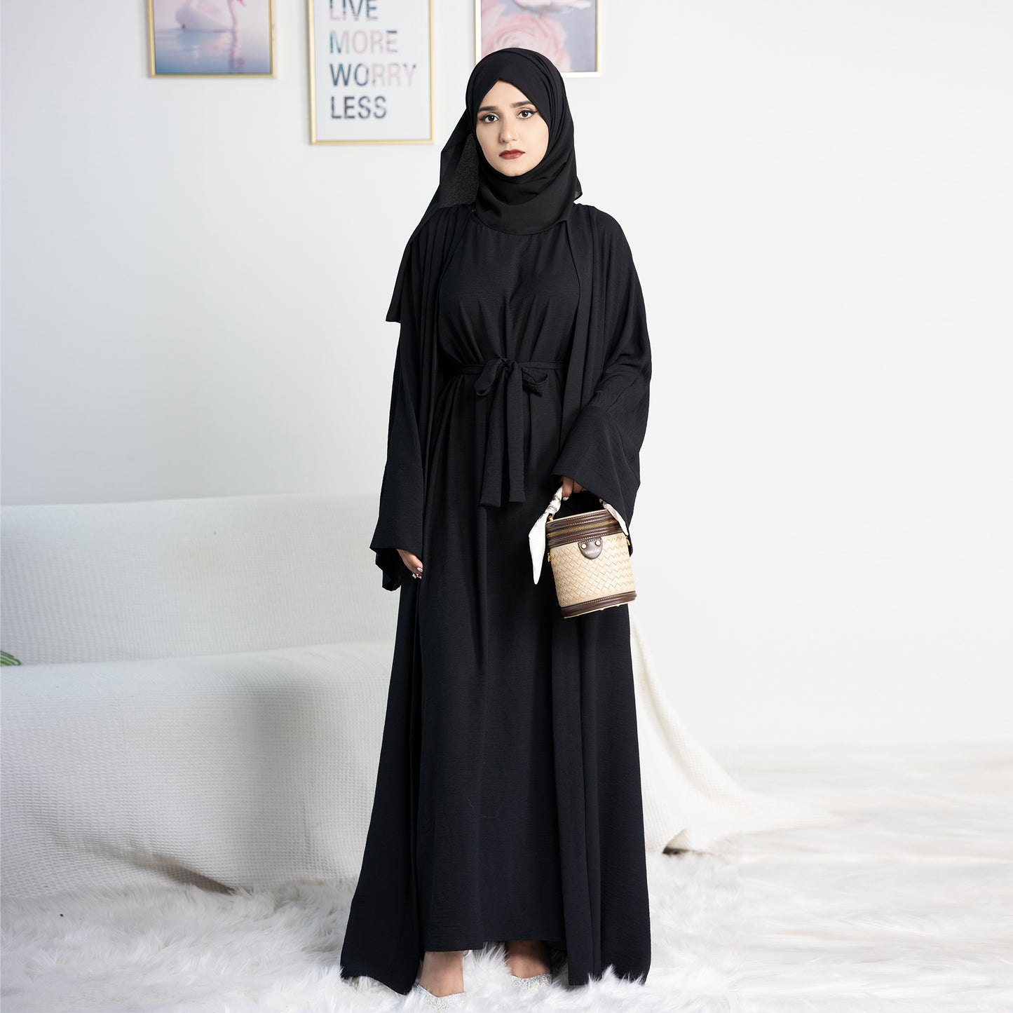 Two-Piece Abaya with Belt - Black