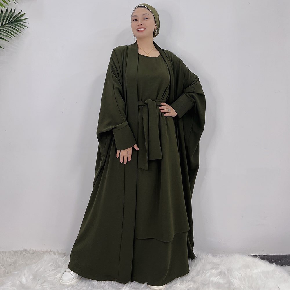 Dubai Luxury Two-Piece Abaya with Belt - Forest Green