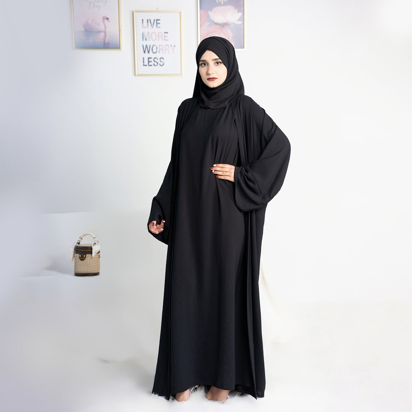 Two-Piece Abaya with Belt - Black