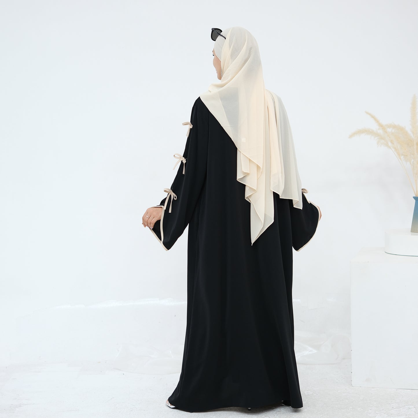 Ribbon Bow Sleeve Two Piece Abaya - Black