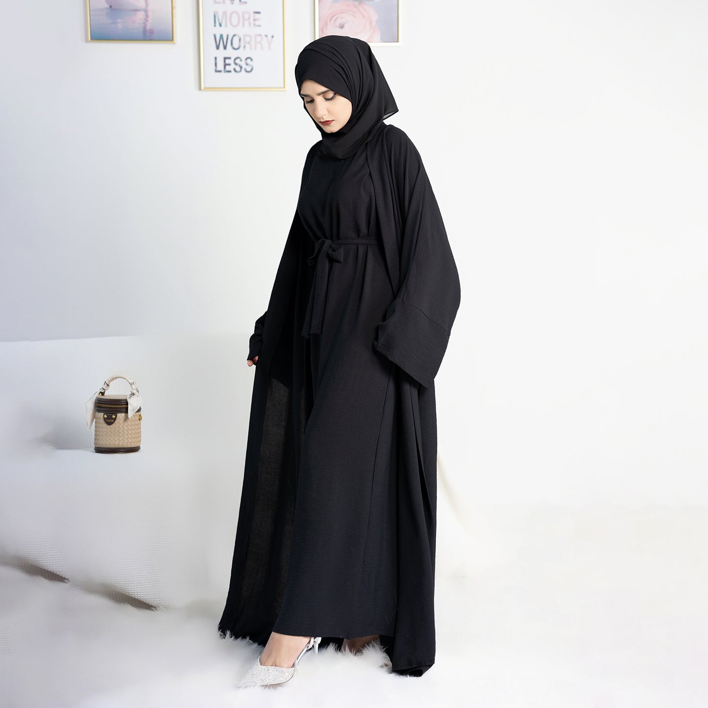 Two-Piece Abaya with Belt - Black