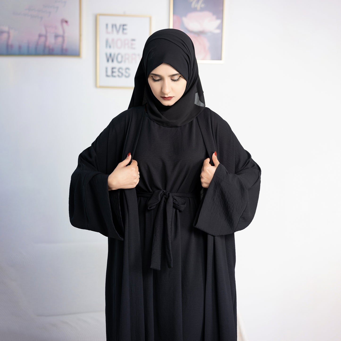 Two-Piece Abaya with Belt - Black