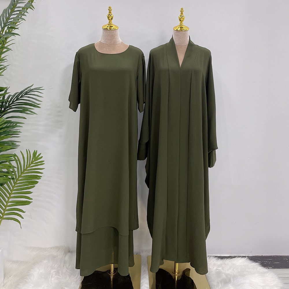 Dubai Luxury Two-Piece Abaya with Belt - Forest Green