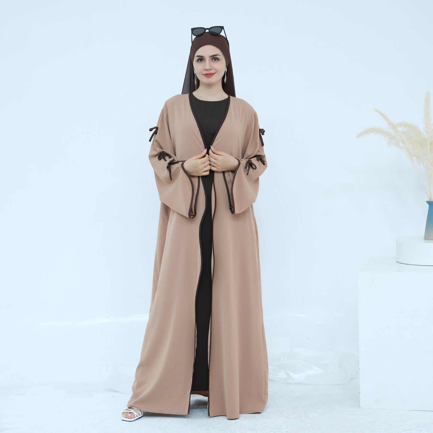 Ribbon Bow Sleeve Two Piece Abaya - Khaki Brown
