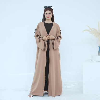 Ribbon Bow Sleeve Two Piece Abaya - Khaki Brown
