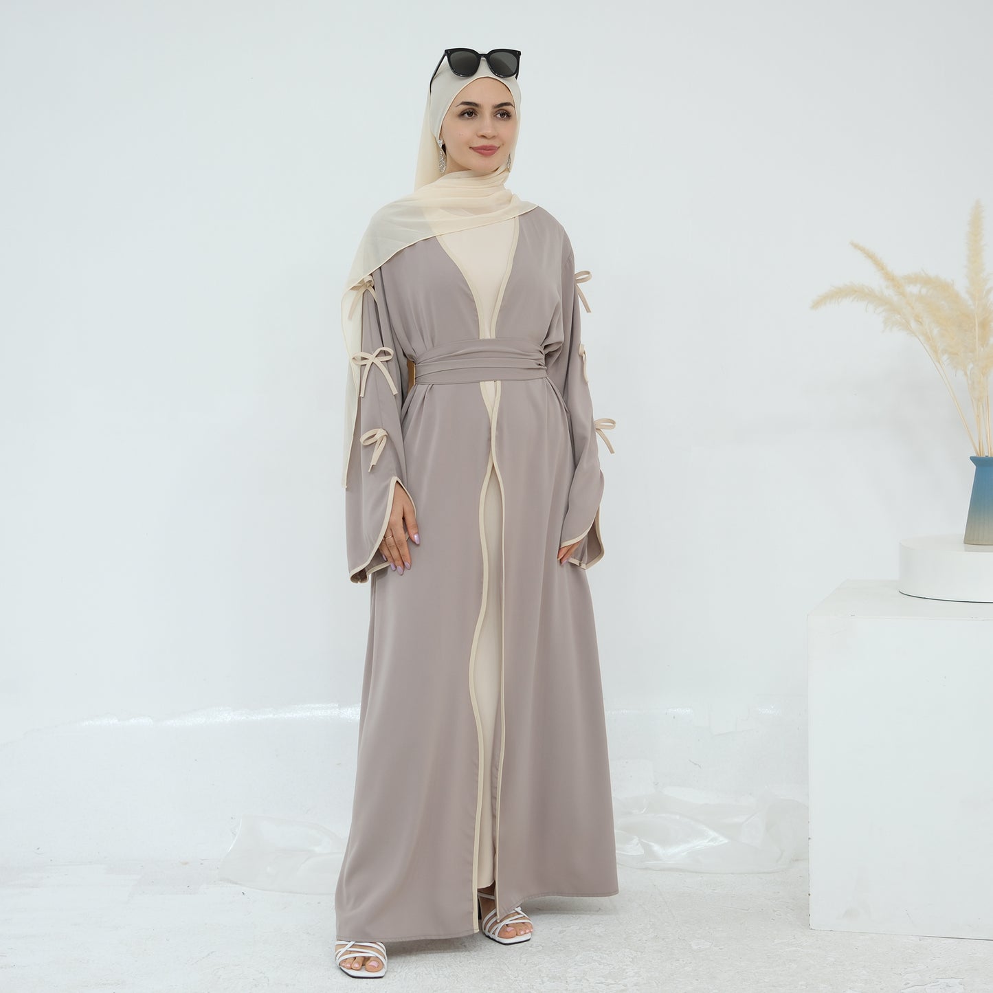 Ribbon Bow Sleeve Two Piece Abaya - Taro