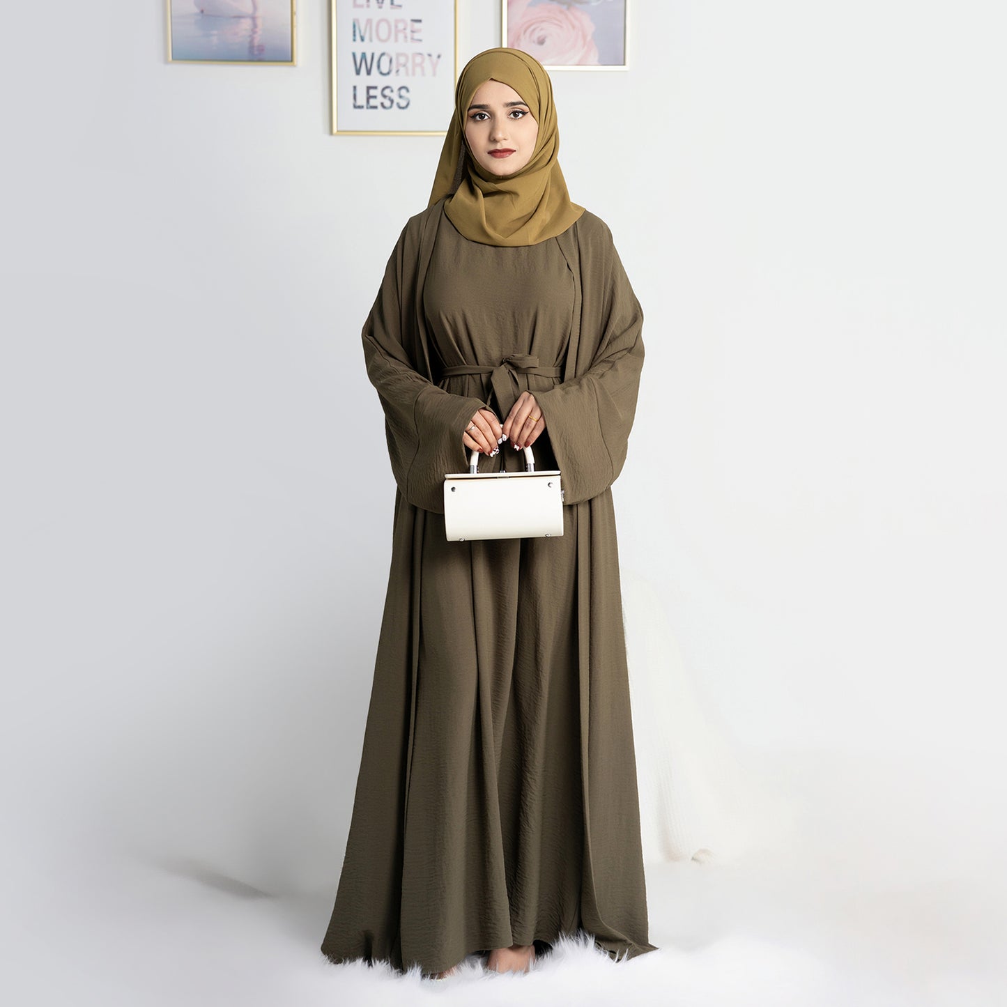 Two-Piece Abaya with Belt - Army Green