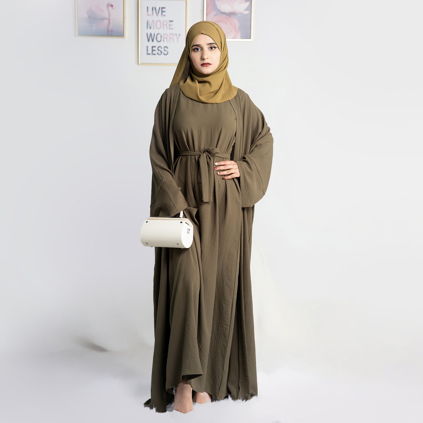 Two-Piece Abaya with Belt - Army Green
