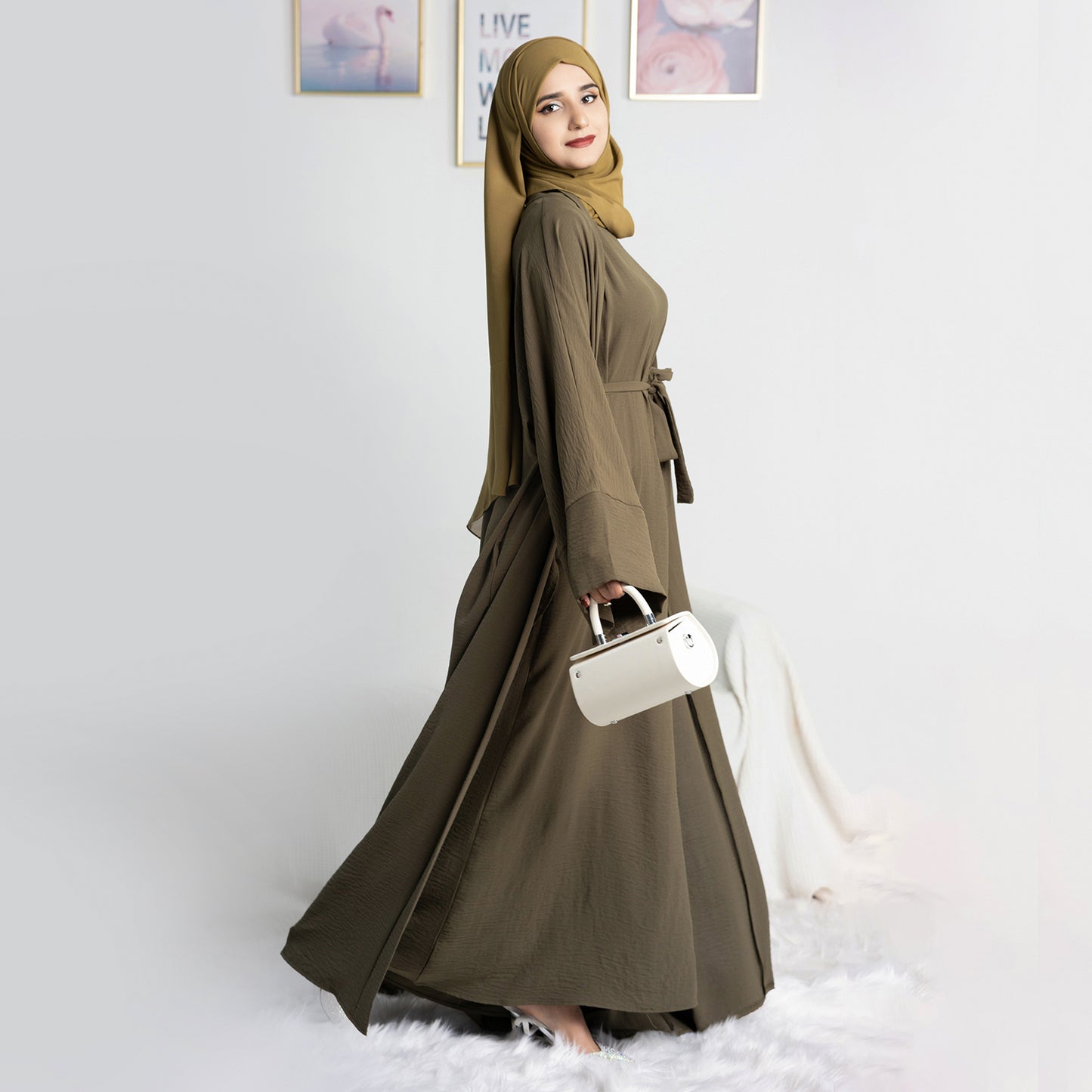 Two-Piece Abaya with Belt - Army Green