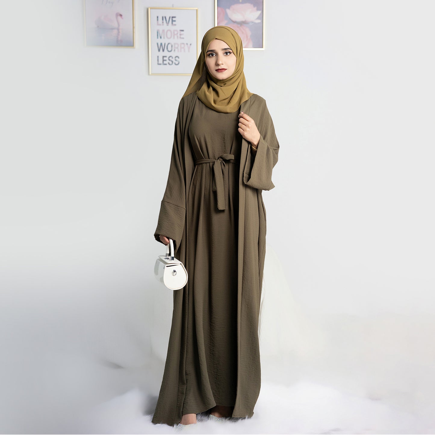Two-Piece Abaya with Belt - Army Green