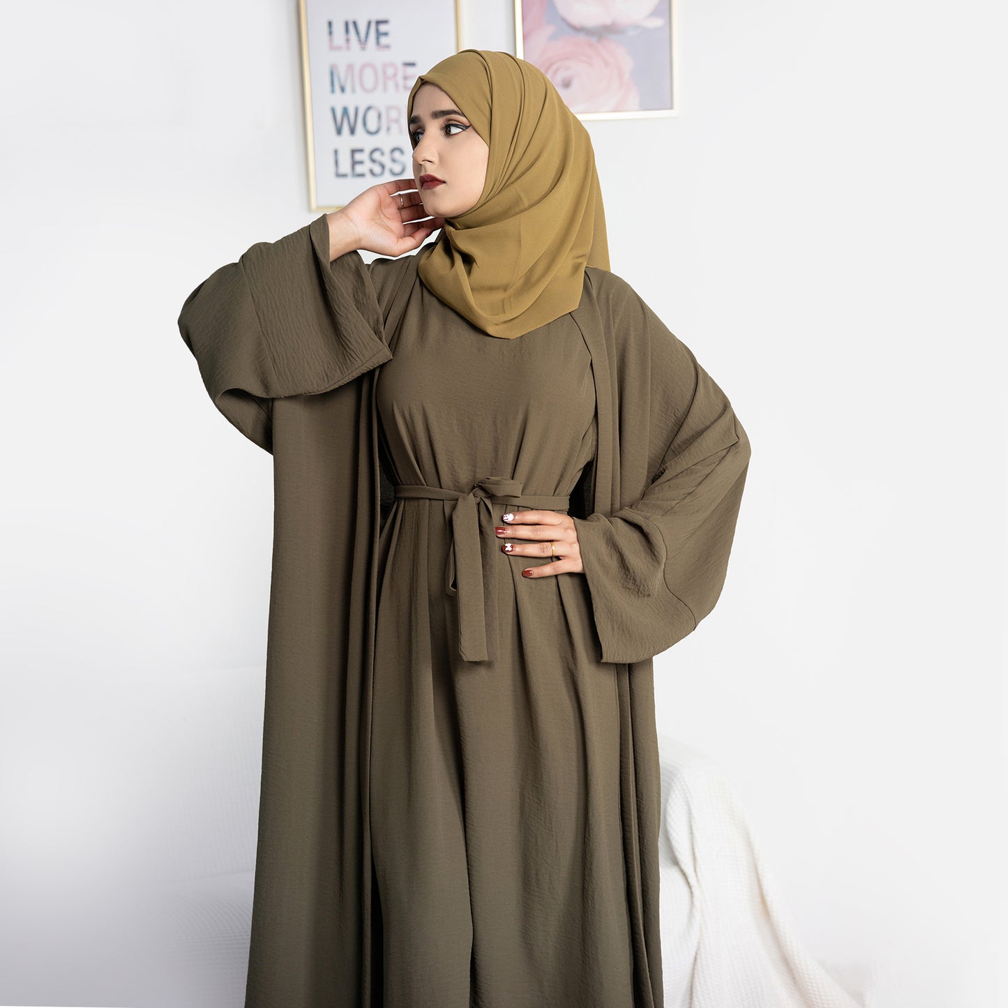 Two-Piece Abaya with Belt - Army Green