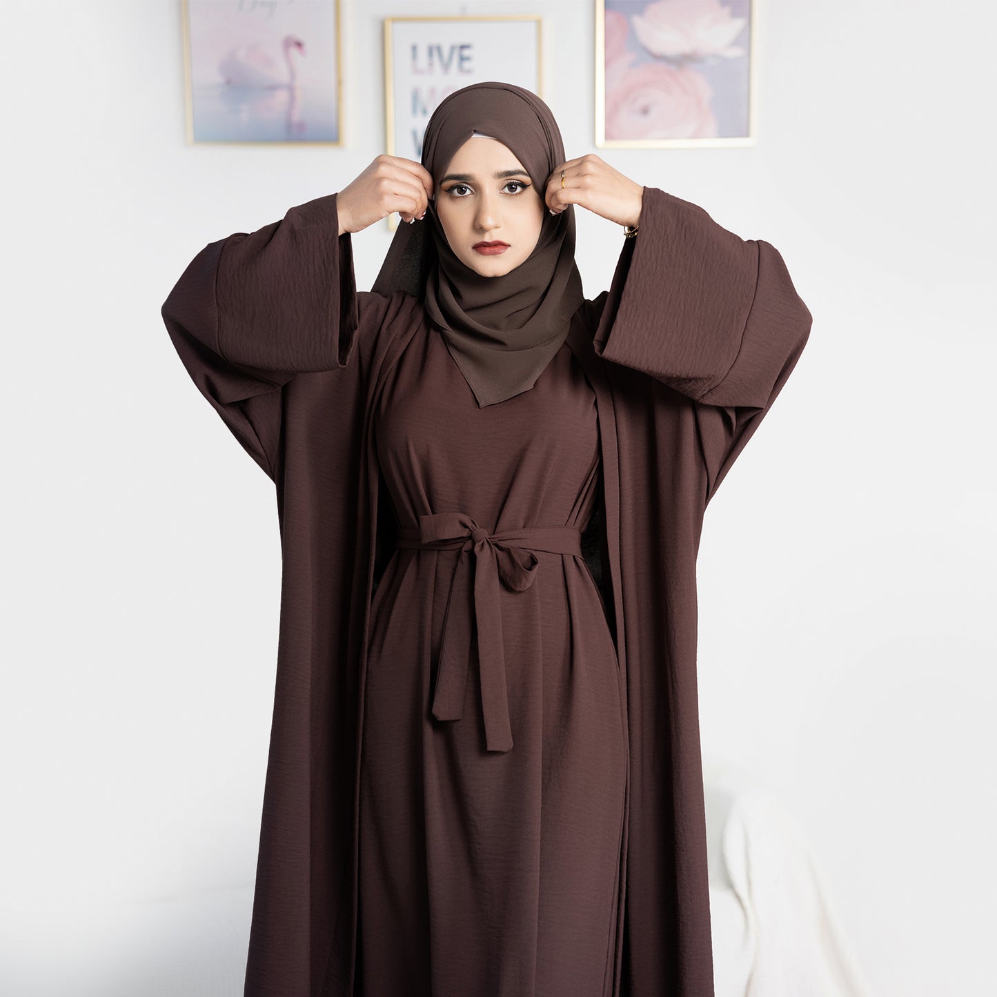 Two-Piece Abaya with Belt - Dark Coffee