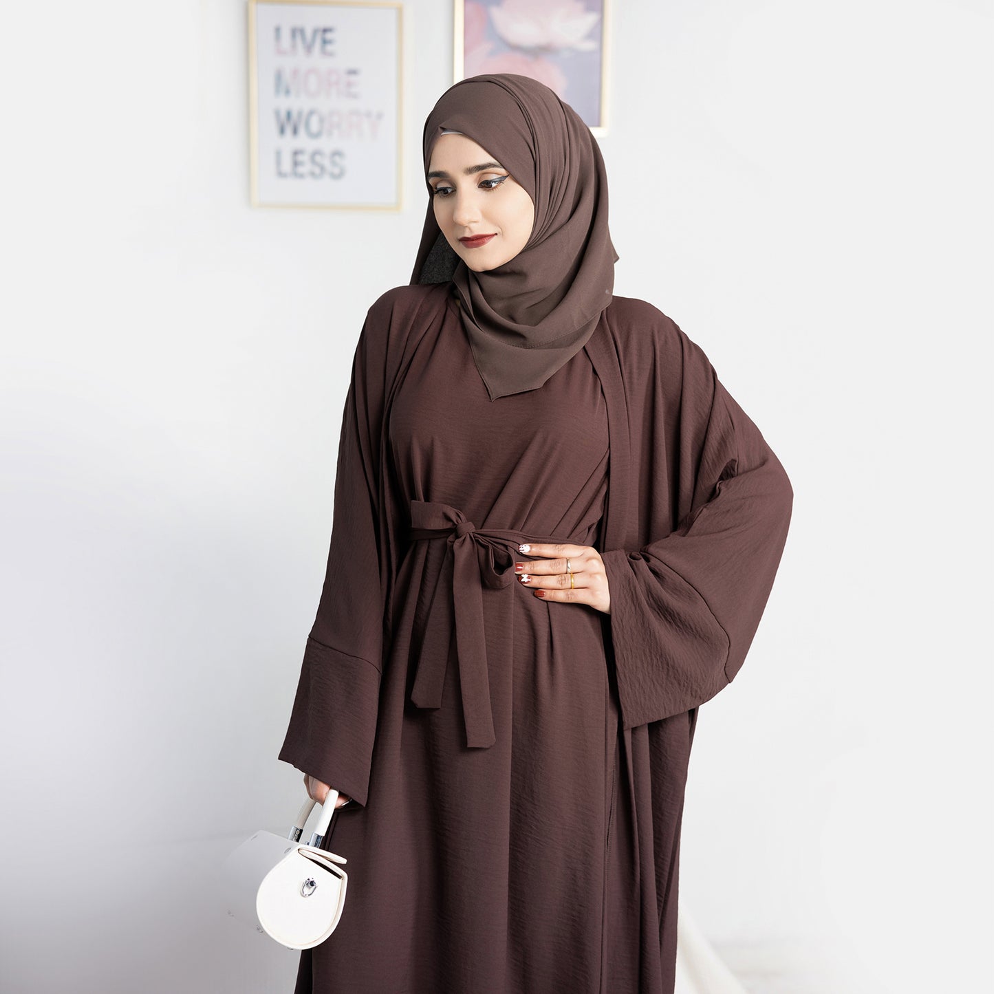 Two-Piece Abaya with Belt - Dark Coffee