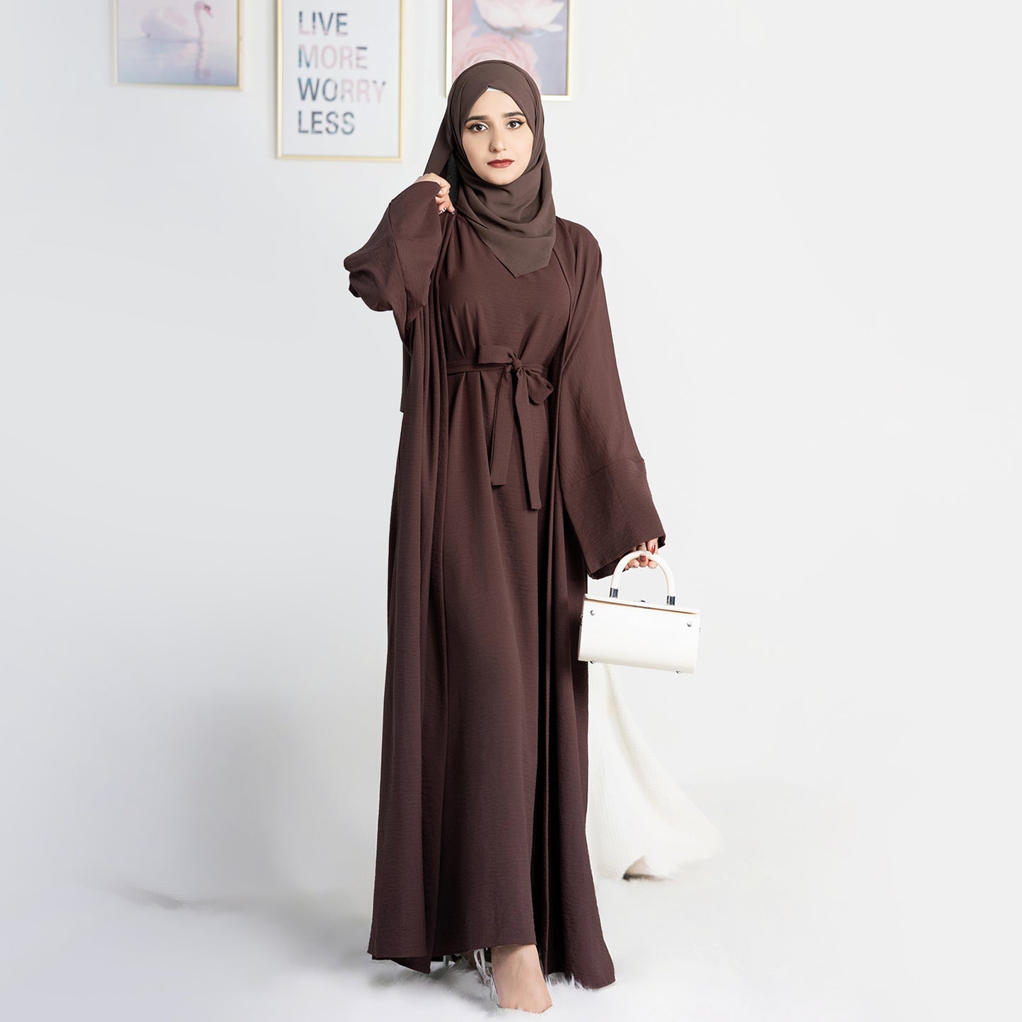 Two-Piece Abaya with Belt - Dark Coffee