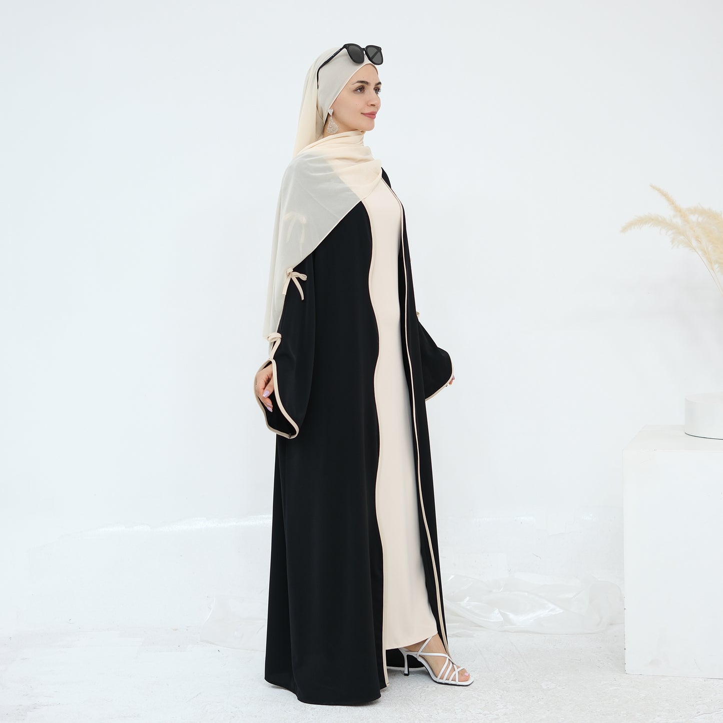 Ribbon Bow Sleeve Two Piece Abaya - Black