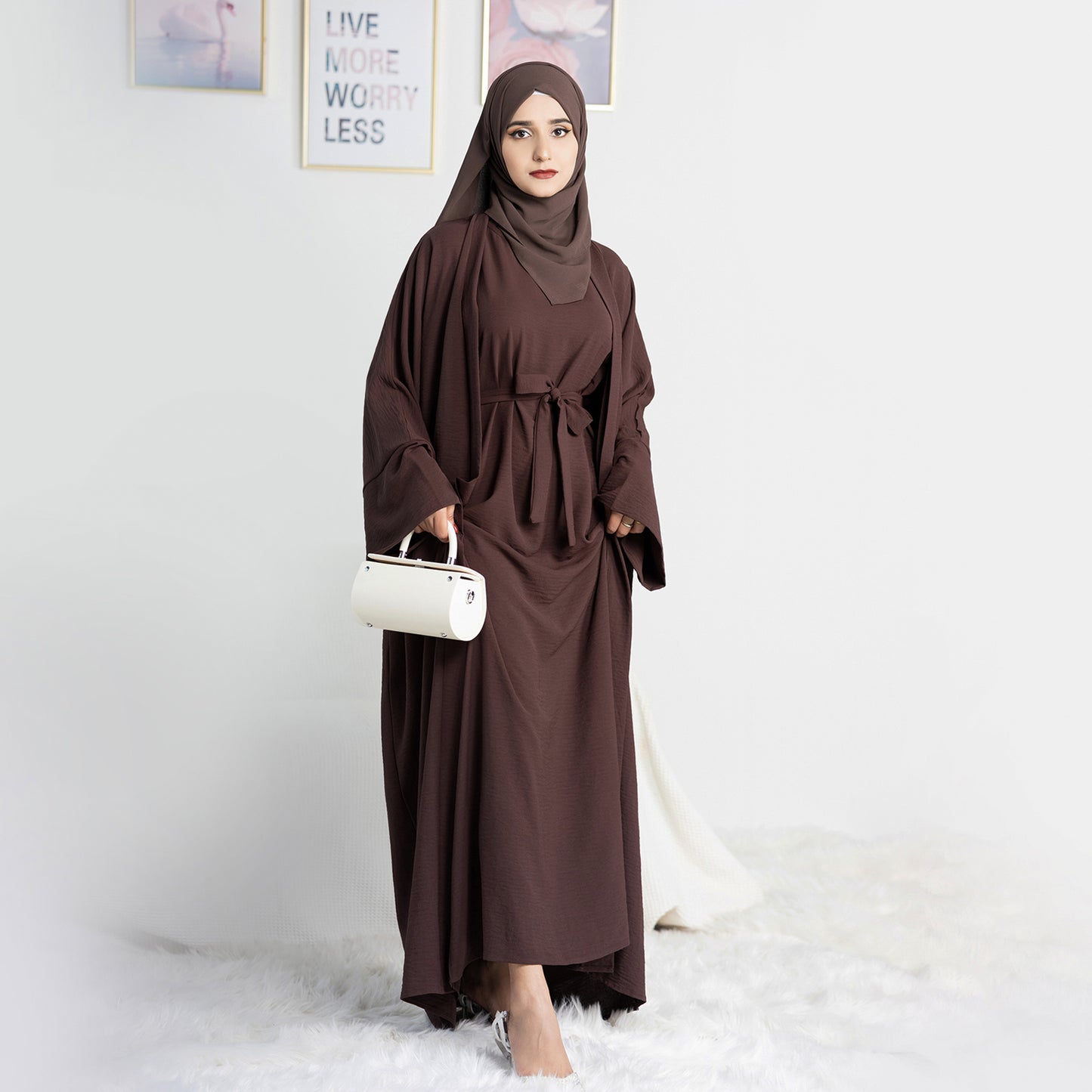 Two-Piece Abaya with Belt - Dark Coffee