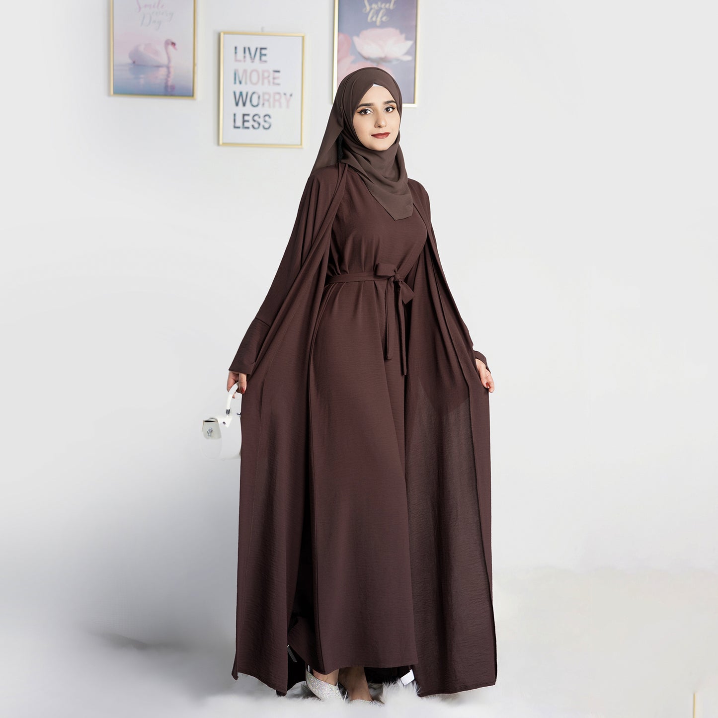 Two-Piece Abaya with Belt - Dark Coffee