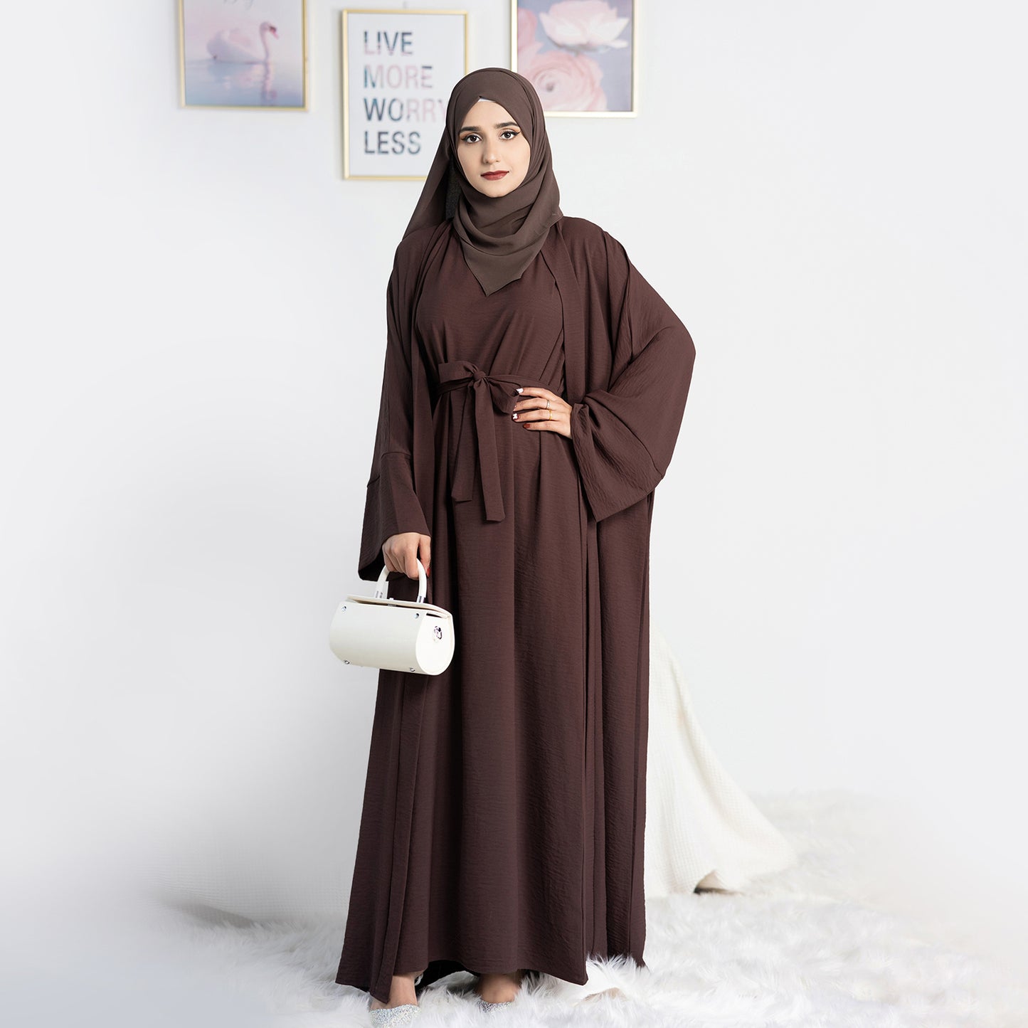 Two-Piece Abaya with Belt - Dark Coffee
