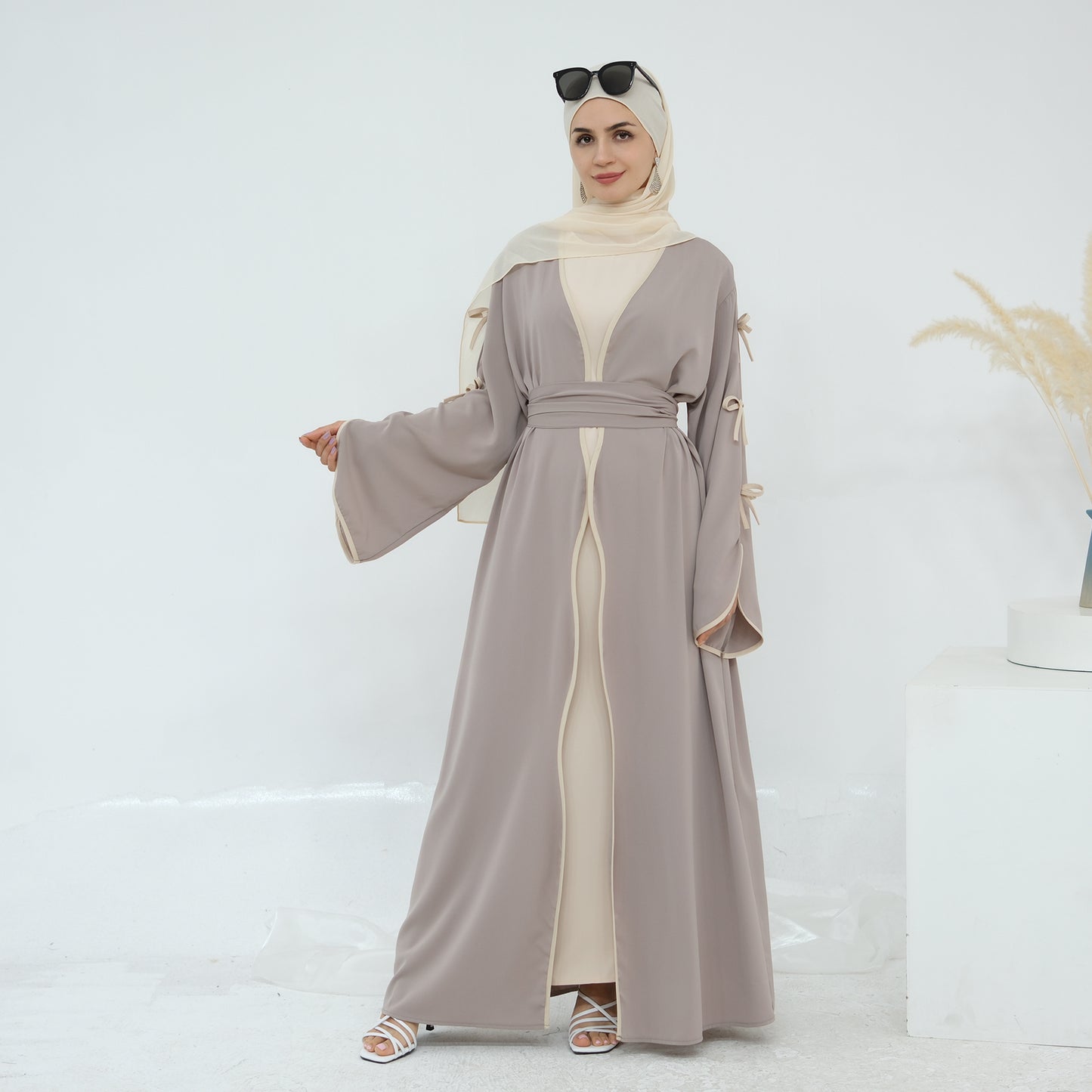 Ribbon Bow Sleeve Two Piece Abaya - Taro