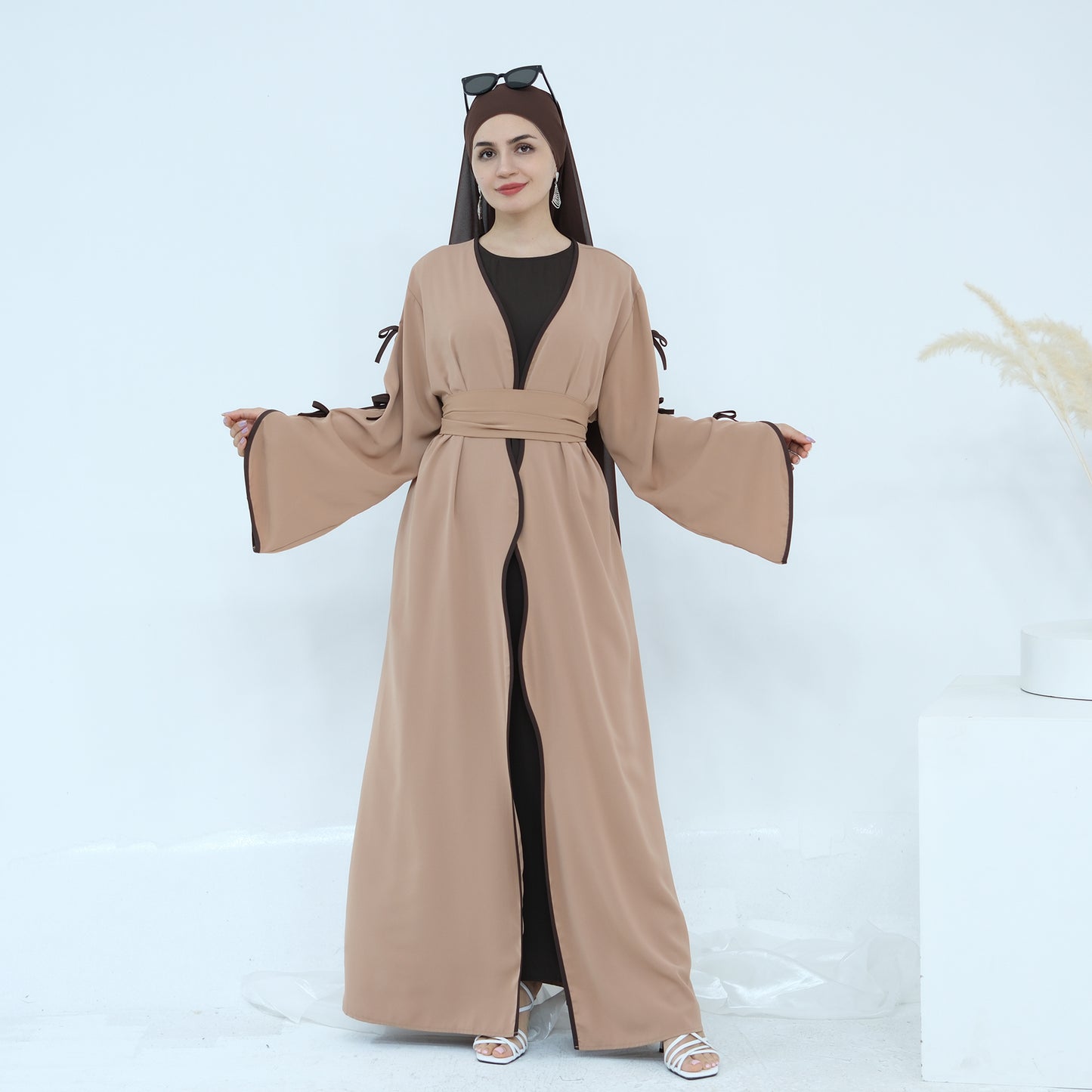 Ribbon Bow Sleeve Two Piece Abaya - Khaki Brown