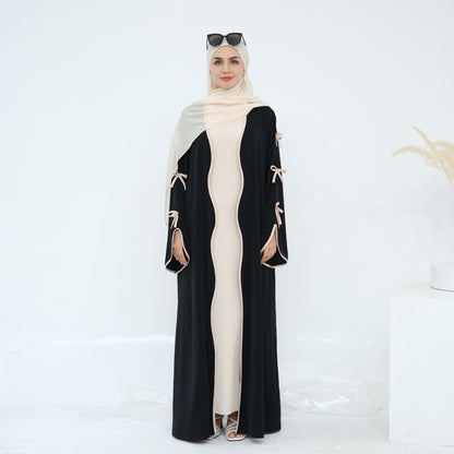 Ribbon Bow Sleeve Two Piece Abaya - Black