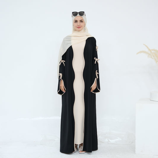 Ribbon Bow Sleeve Two Piece Abaya - Black