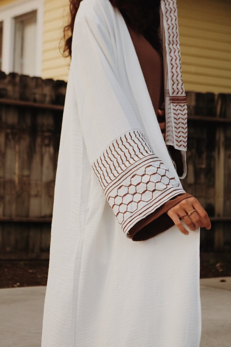 Palestine Keffiyeh Open Abaya - White & Brown Embroidery