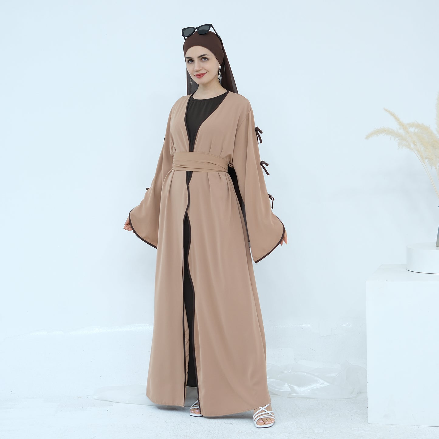 Ribbon Bow Sleeve Two Piece Abaya - Khaki Brown