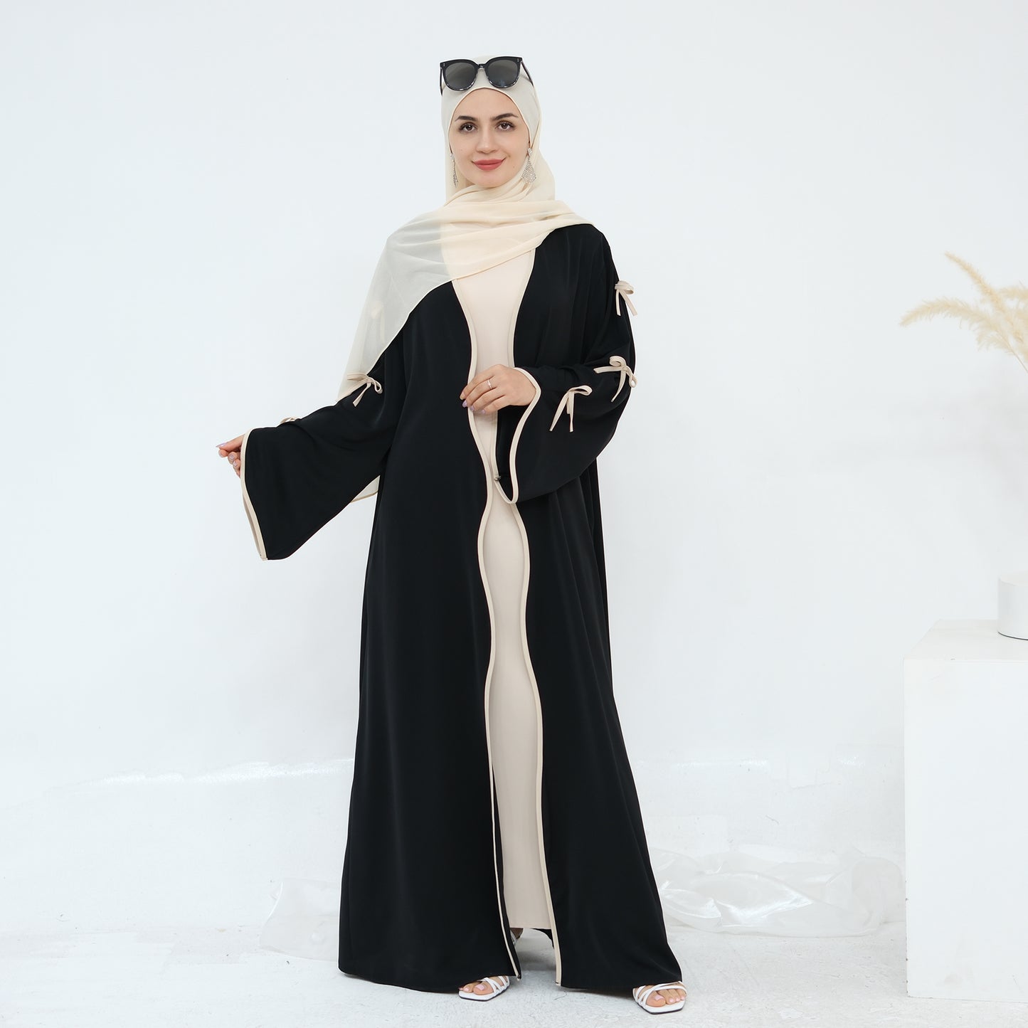 Ribbon Bow Sleeve Two Piece Abaya - Black