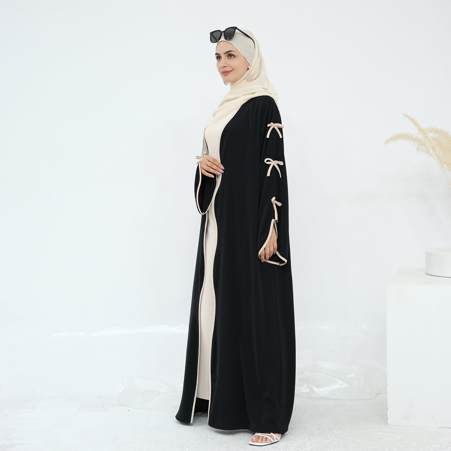Ribbon Bow Sleeve Two Piece Abaya - Black