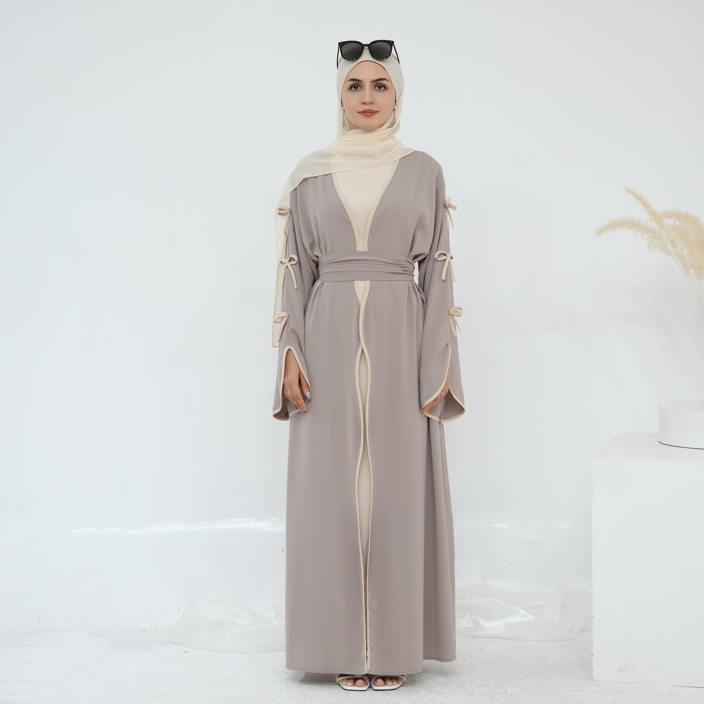 Ribbon Bow Sleeve Two Piece Abaya - Taro