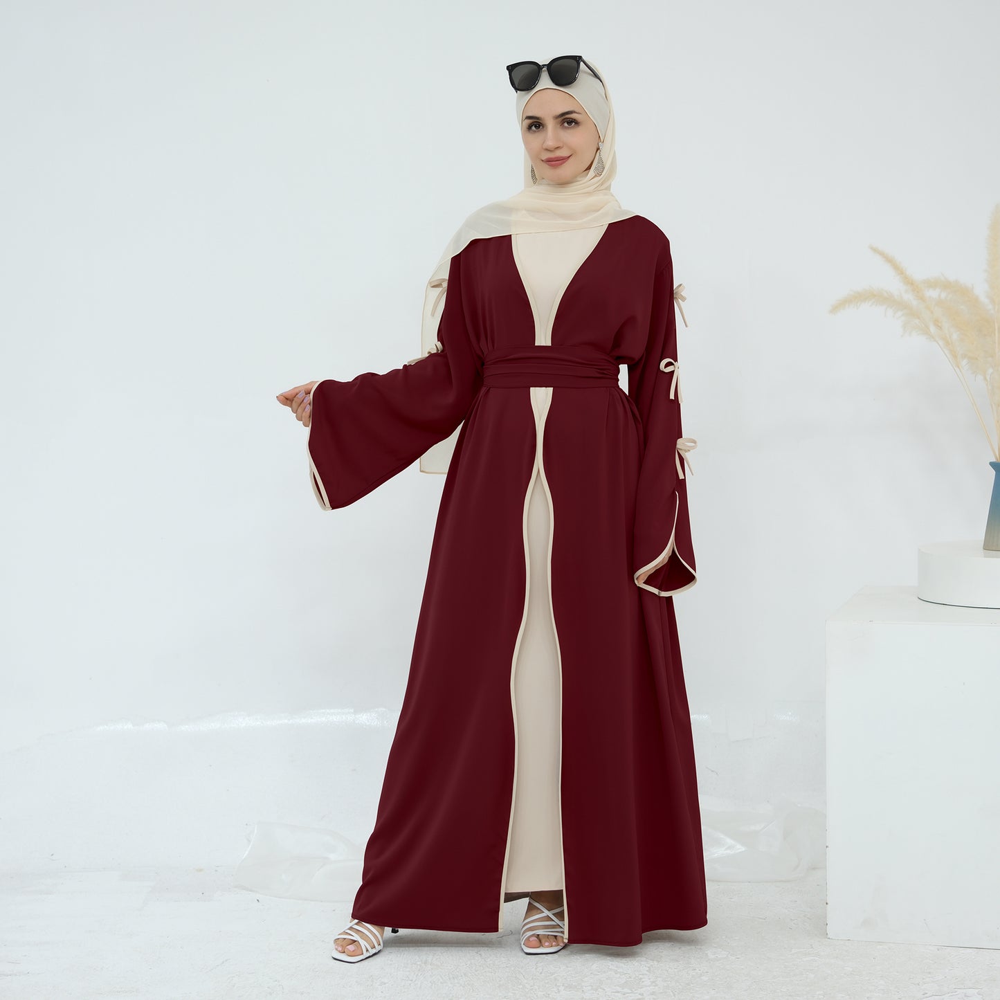 Ribbon Bow Sleeve Two Piece Abaya - Ruby Red