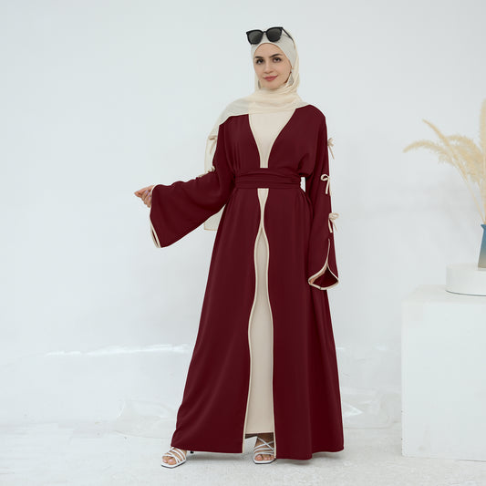Ribbon Bow Sleeve Two Piece Abaya - Ruby Red