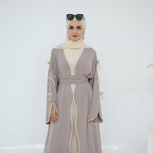 Ribbon Bow Sleeve Two Piece Abaya - Taro