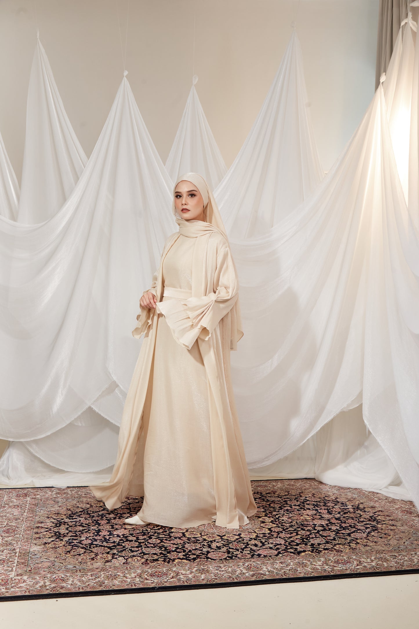 Kamelia Luxury Two Piece Abaya + Matching Hijab - Cream