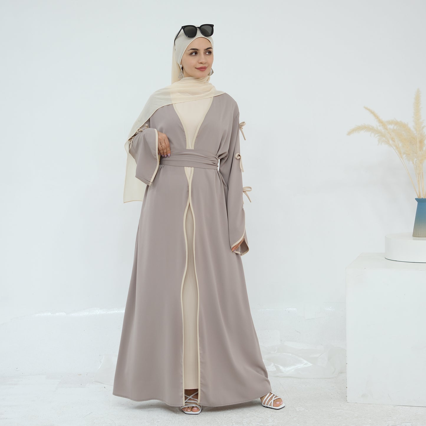 Ribbon Bow Sleeve Two Piece Abaya - Taro