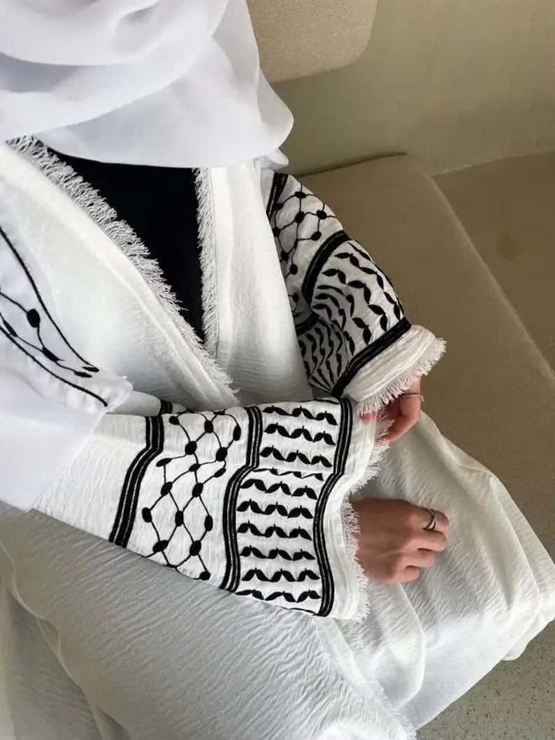 Palestine Keffiyeh Open Abaya - White with Black Embroidery