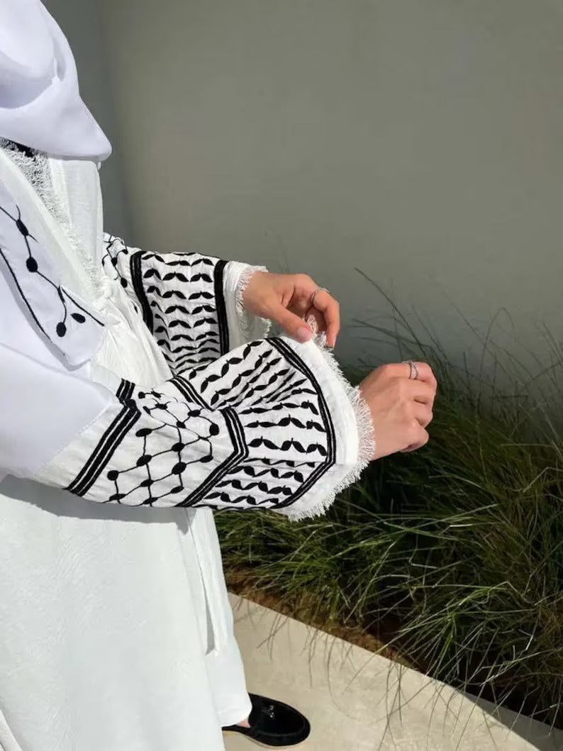 Palestine Keffiyeh Open Abaya - White with Black Embroidery