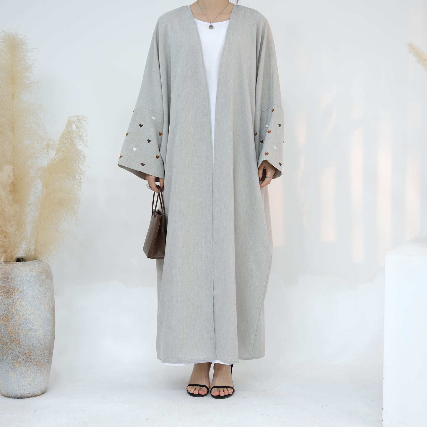 Modest Heart Sleeve Open Abaya - Light Grey/Brown