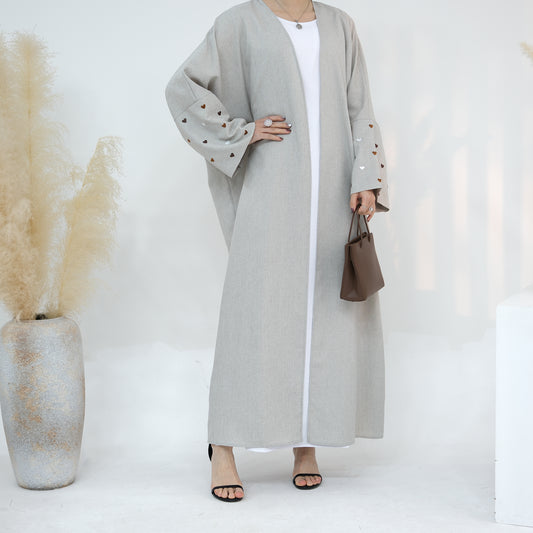 Modest Heart Sleeve Open Abaya - Light Grey/Brown