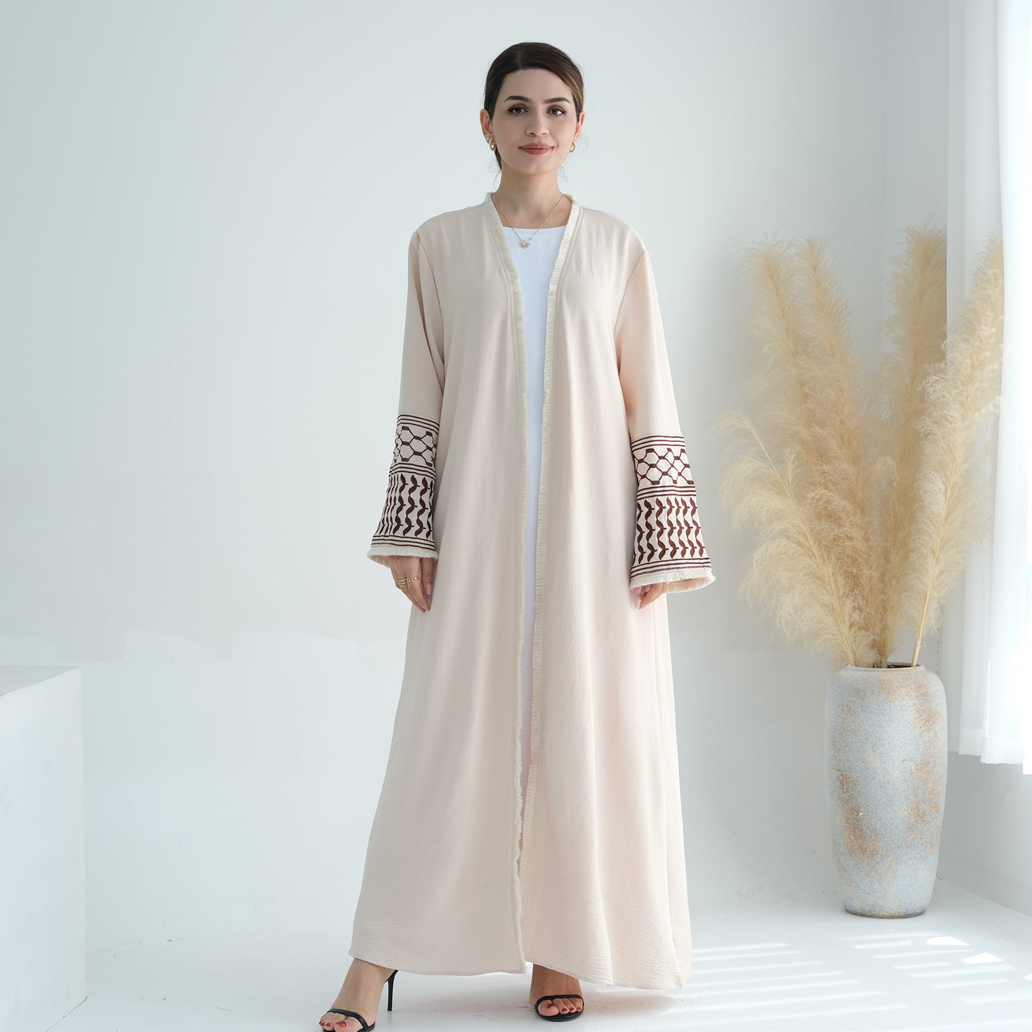 Palestine Keffiyeh Open Abaya - Beige with Dark Brown Embroidery