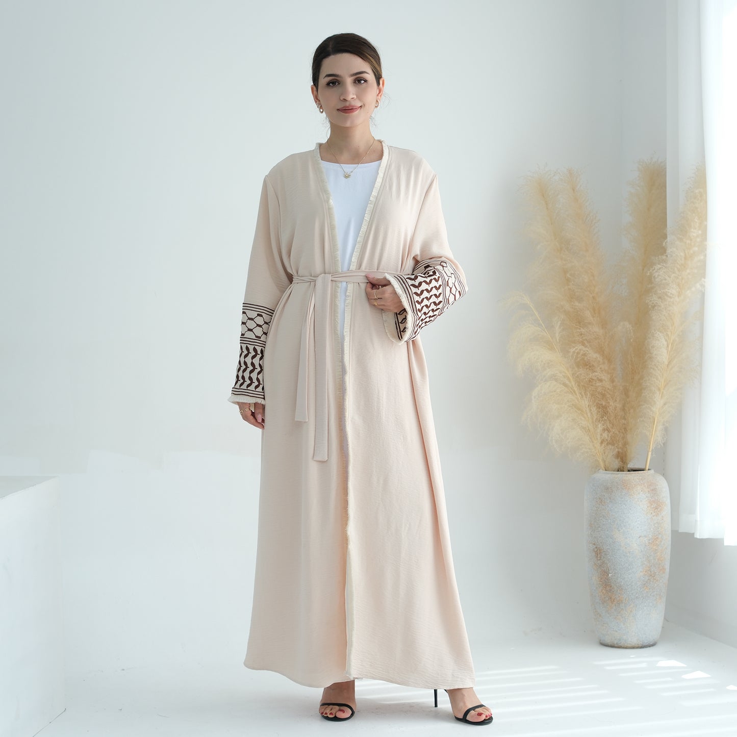 Palestine Keffiyeh Open Abaya - Beige with Dark Brown Embroidery