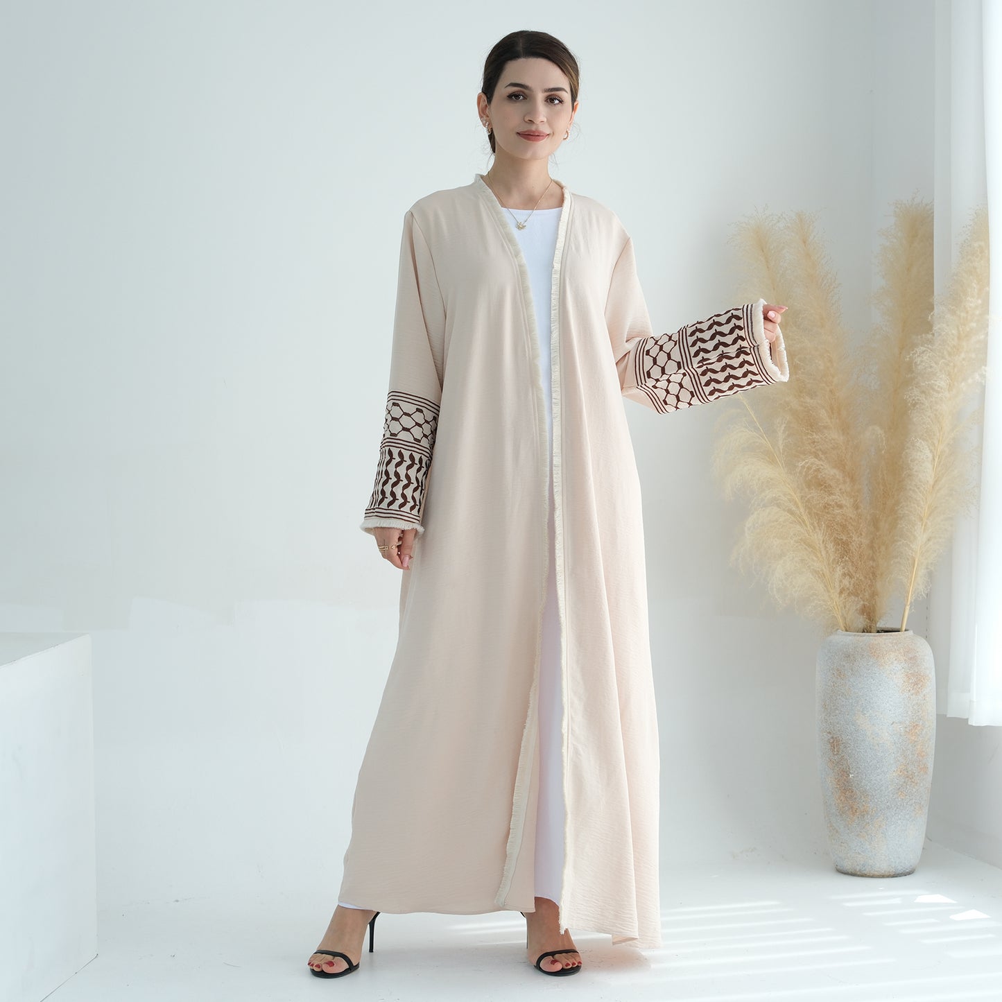 Palestine Keffiyeh Open Abaya - Beige with Dark Brown Embroidery