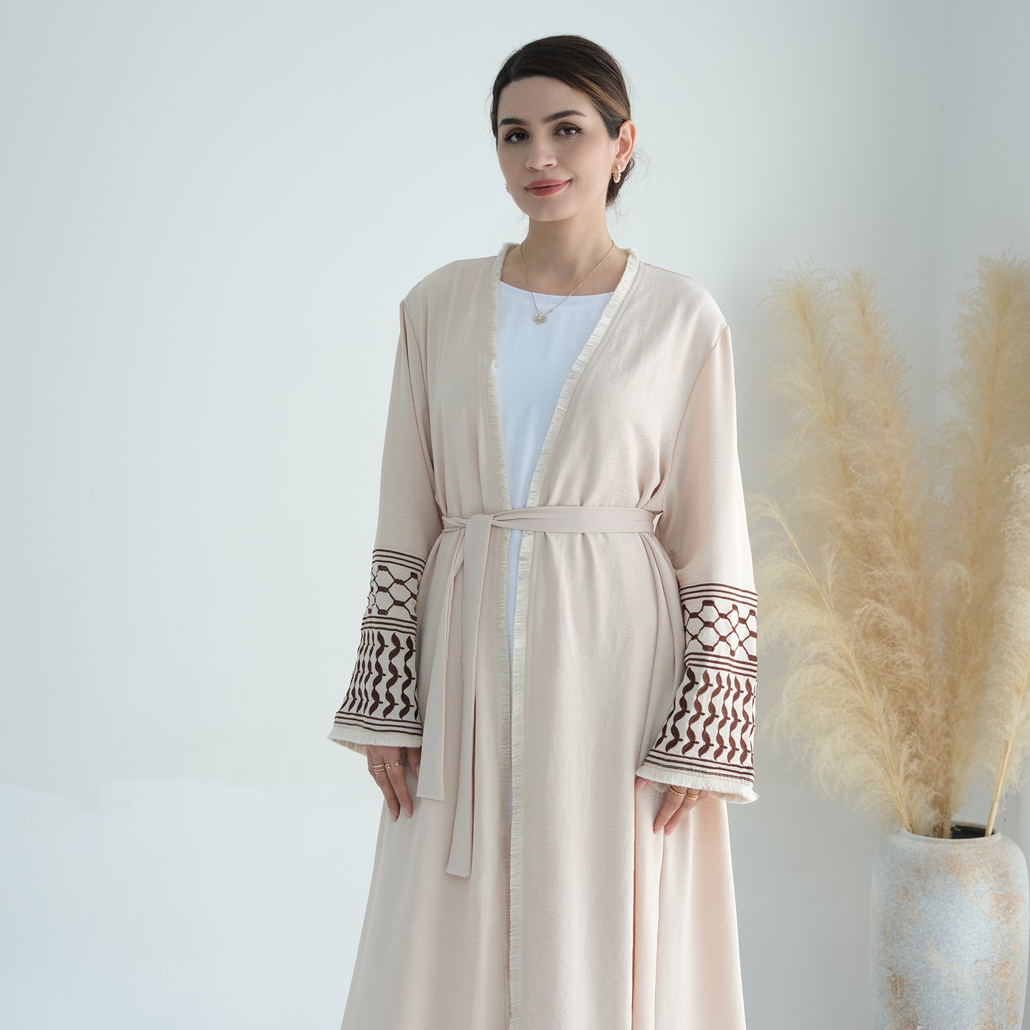 Palestine Keffiyeh Open Abaya - Beige with Dark Brown Embroidery