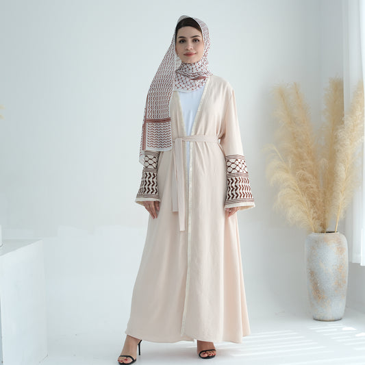 Palestine Keffiyeh Open Abaya - Beige with Dark Brown Embroidery