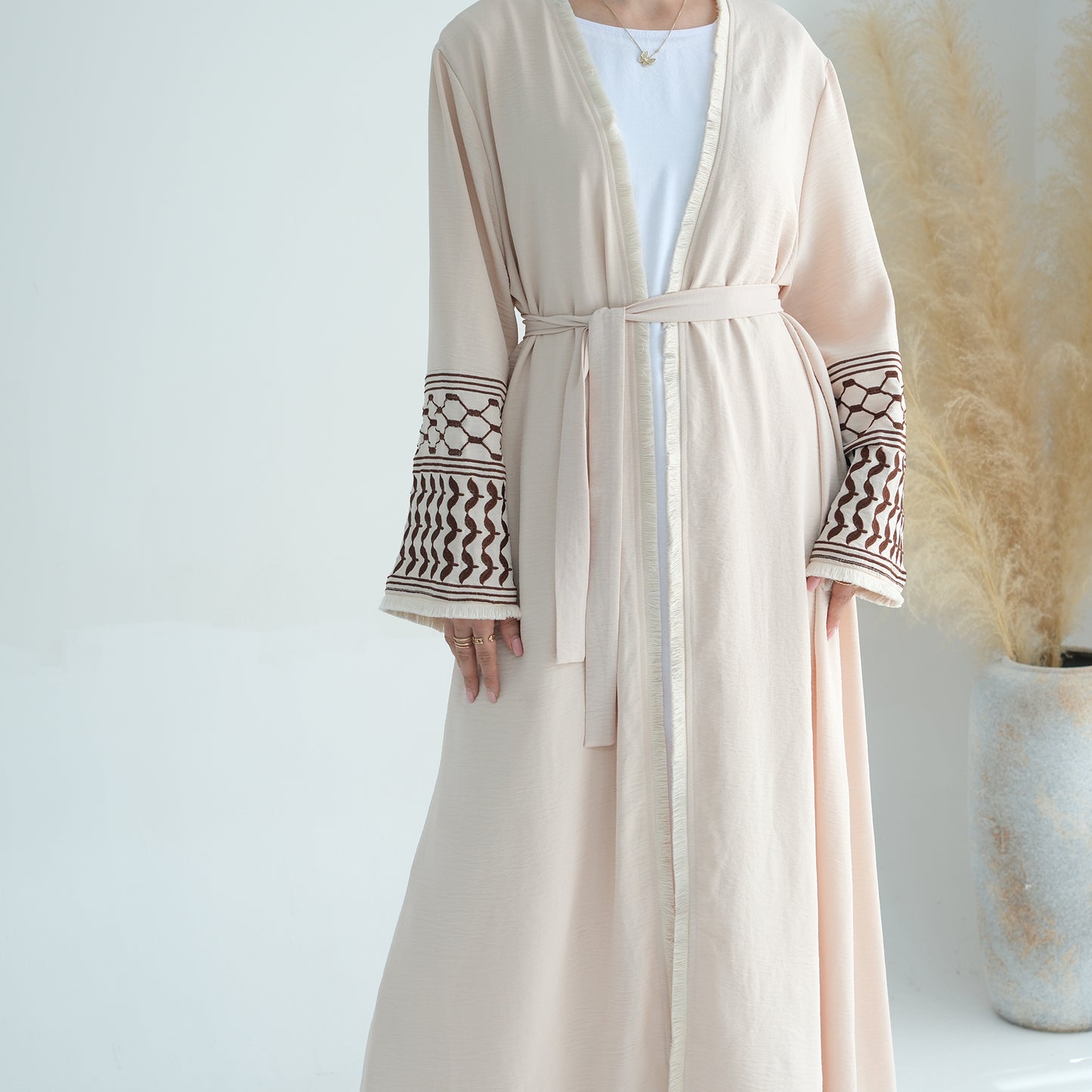 Palestine Keffiyeh Open Abaya - Beige with Dark Brown Embroidery