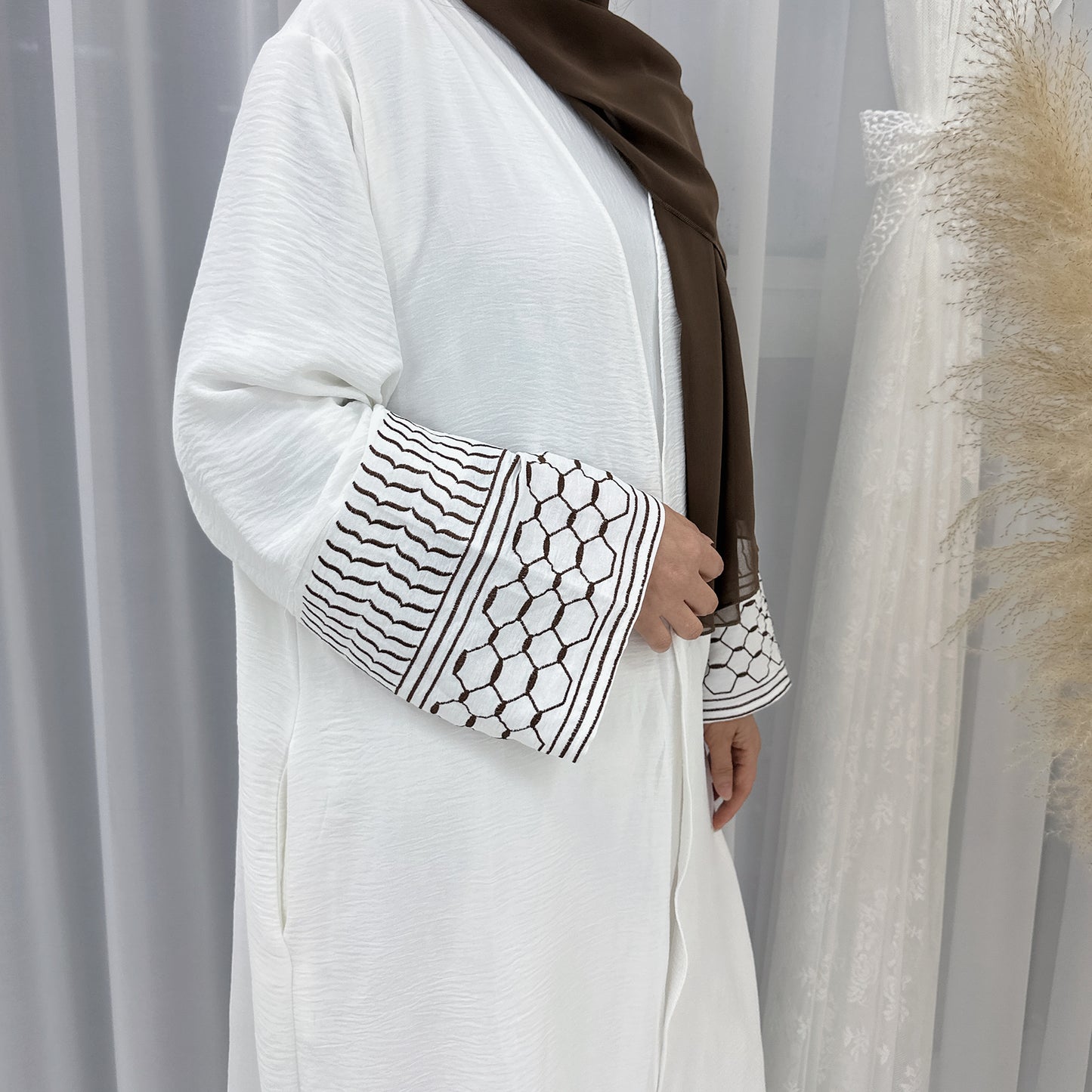 Palestine Keffiyeh Open Abaya - White with Brown Embroidery